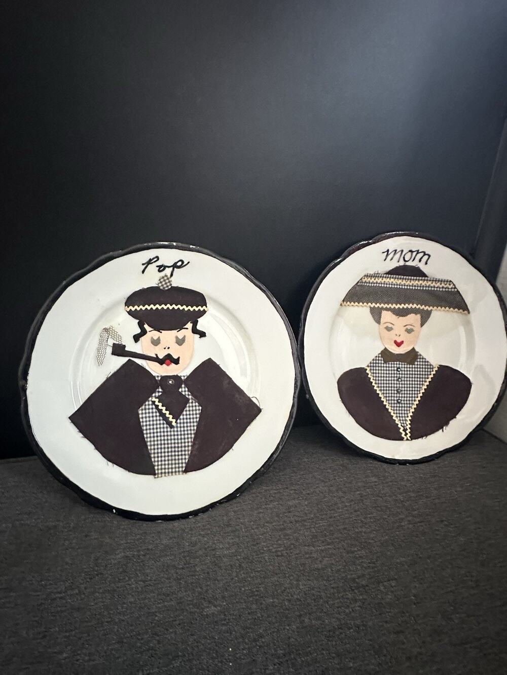 Vintage Handmade Mom & Pop Folk Art Plates Bavaria Germany Fabric Applique Pair